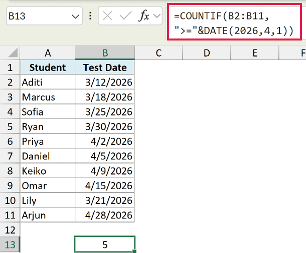 Excel formula using COUNTIF with a DATE function to count test dates on or after April 1, 2026