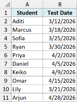 ex7 data showing a table with Student names in column A and their corresponding Test Dates in column B