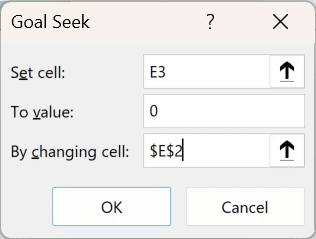 The Goal Seek dialog box in Excel set to drive the NPV cell to zero by changing the rate cell.