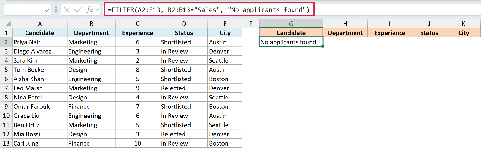 Excel formula bar showing FILTER function with custom if_empty text returning No applicants found in cell G2