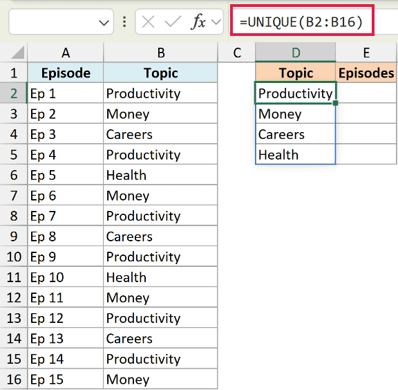 Excel formula =UNIQUE(B2:B16) in the formula bar, spilling a unique list of topics from column B into column D