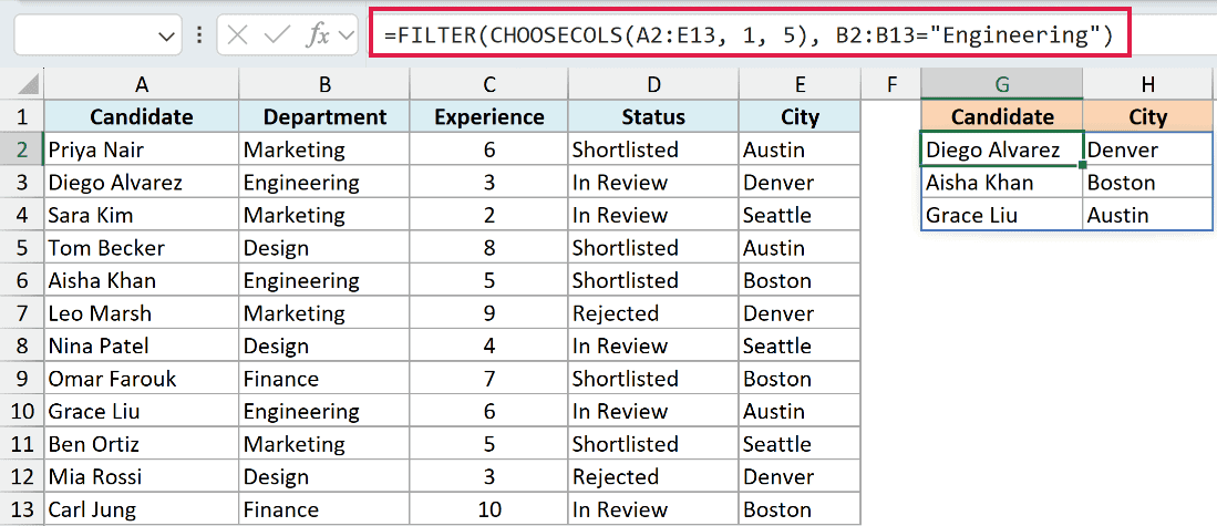 Excel formula bar showing FILTER and CHOOSECOLS functions to extract specific columns for Engineering department candidates