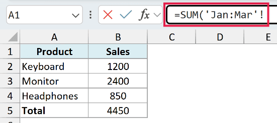 Excel formula bar highlighted with the 3D reference formula =SUM('Jan:Mar'!) above a table of product sales data