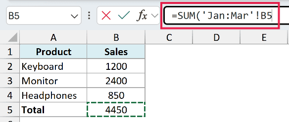 Excel formula bar showing 3D reference =SUM('Jan:Mar'!B5) with cell B5 highlighted in the spreadsheet grid