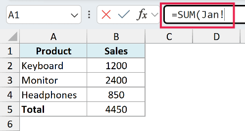 Excel formula bar showing =SUM(Jan! with a red highlight box around the input field