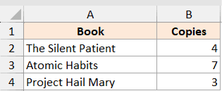 Excel table with Book and Copies columns containing three rows of data for use in an EXPAND function example