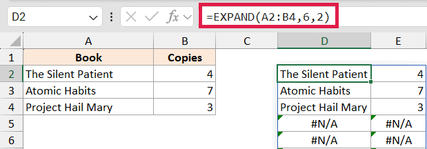 Excel formula =EXPAND(A2:B4,6,2) in formula bar, showing an array expanded to 6 rows with #N/A padding in new cells
