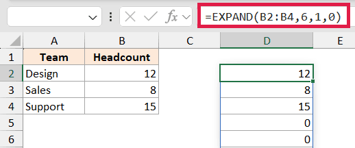 Excel formula bar showing EXPAND function with result in column D, padding rows 5 and 6 with 0