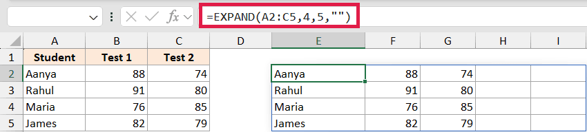 Excel formula bar showing EXPAND function expanding a table to 4 rows and 5 columns with empty string padding