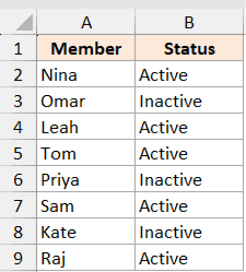 Excel dataset with Member and Status columns A and B, and empty cells in column D for EXPAND function output