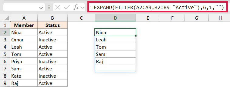 Excel formula bar showing EXPAND and FILTER functions, with result spilling into column D to list active members