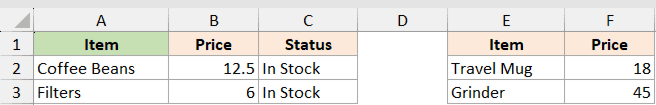 Excel table showing two datasets with Item, Price, and Status columns, demonstrating the EXPAND function example 5