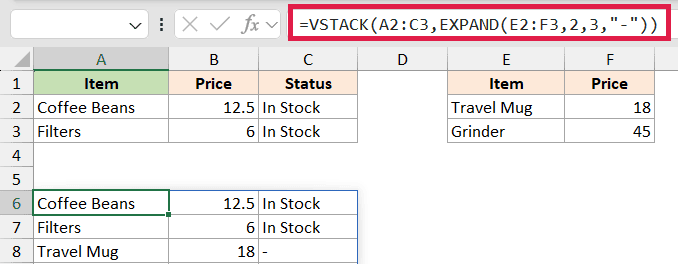Excel formula bar showing VSTACK and EXPAND functions, with the resulting array displaying padded hyphens in row 8