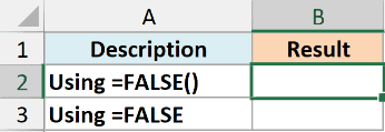 Excel table with Description and Result headers, showing rows for =FALSE() and =FALSE with empty result cells