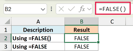 Excel formula bar showing =FALSE() with cell B2 displaying the logical value FALSE