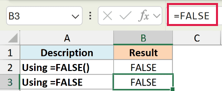 Excel formula bar showing =FALSE in cell B3, highlighting the syntax for the logical FALSE function