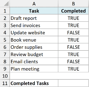 Excel table showing task list with TRUE and FALSE values in the Completed column for rows 2 through 9