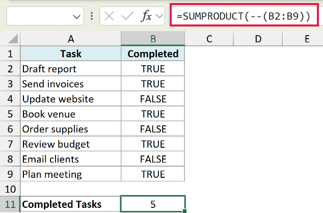 Excel formula =SUMPRODUCT(--(B2:B9)) counting TRUE values in a column containing TRUE and FALSE logical values