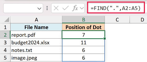 Excel formula =FIND(".", A2:A5) used to return the numeric position of the dot character in filenames in column B