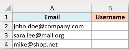 Excel dataset with email addresses in column A and an empty Username header in column B