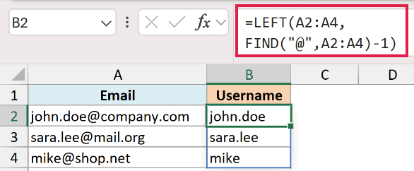 Excel formula using LEFT and FIND functions to extract usernames from email addresses in column A to column B