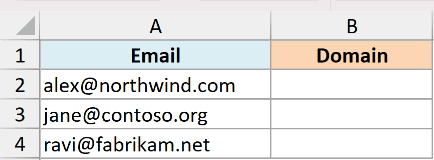 Excel dataset with email addresses in column A and an empty Domain column B ready for extraction formulas