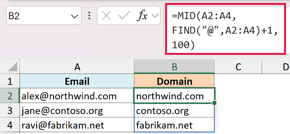 Excel formula using MID and FIND to extract domain names from email addresses in column A to column B