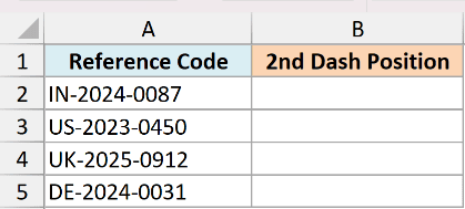 Excel table with Reference Code in column A and empty 2nd Dash Position column B for finding dash positions in refcodes