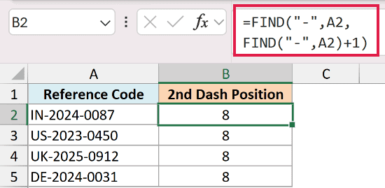 Excel formula finding the second dash position in a string using nested FIND functions in cell B2