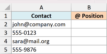 Excel dataset with mixed email addresses and phone numbers in column A and an empty @ Position column B