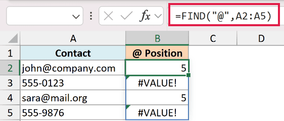 Excel formula =FIND("@",A2:A5) resulting in #VALUE! errors for cells without an @ symbol