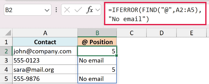 Excel formula using IFERROR and FIND to locate the @ symbol in a list, returning 5 or No email for missing values