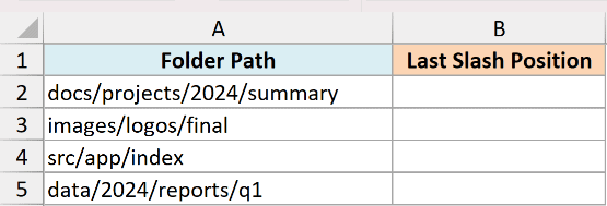 Excel table with Folder Path in column A and Last Slash Position in column B for 15 dataset folderpaths