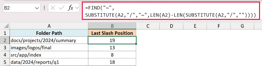 Excel formula using FIND and SUBSTITUTE to locate the position of the last slash in a file path string