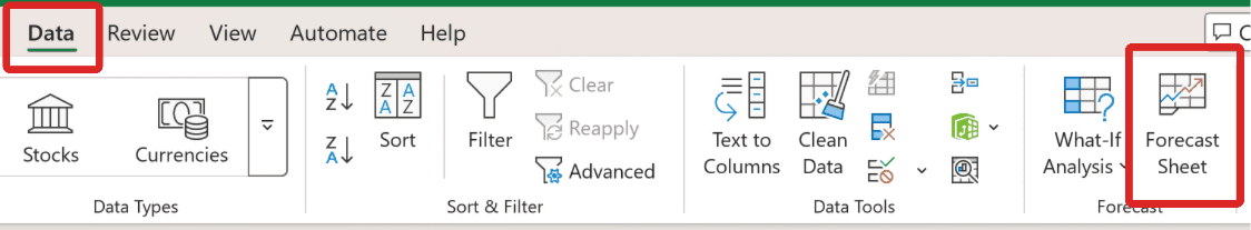 Forecast Sheet button in the Forecast group of the Data tab