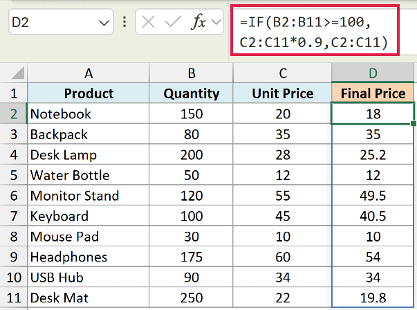 Excel formula bar showing an IF function applying a 10% discount to unit prices for quantities of 100 or more