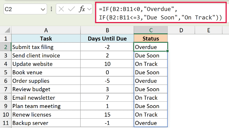 Nested IF formula in Excel formula bar calculating task status based on days until due in column B