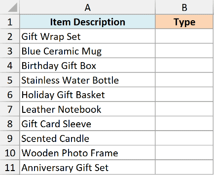 Excel spreadsheet with Item Description in column A and empty Type column B for IF function practice data