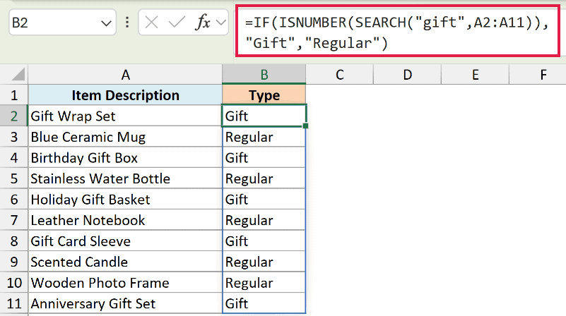 Excel formula using IF, ISNUMBER, and SEARCH to categorize items as Gift or Regular based on text content