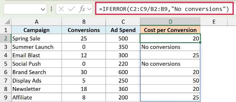 Excel formula bar showing IFERROR function used to replace division errors with No conversions in column D