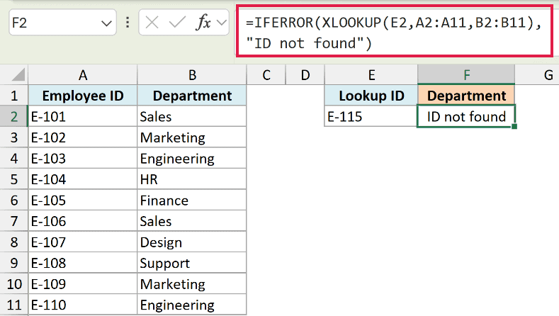 Excel formula bar showing IFERROR with XLOOKUP returning ID not found for a missing employee ID in cell F2