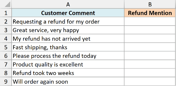 Excel table showing Customer Comment in column A and empty Refund Mention column B for IFERROR function example data