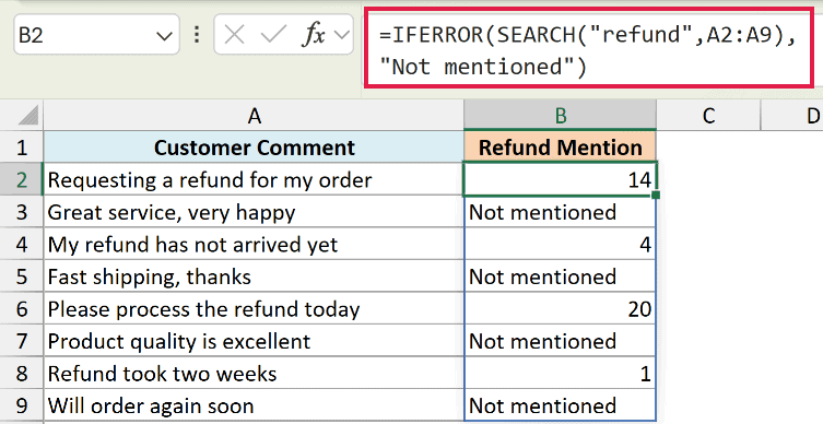 Excel formula bar showing IFERROR and SEARCH functions to flag missing text in a customer comment spreadsheet column
