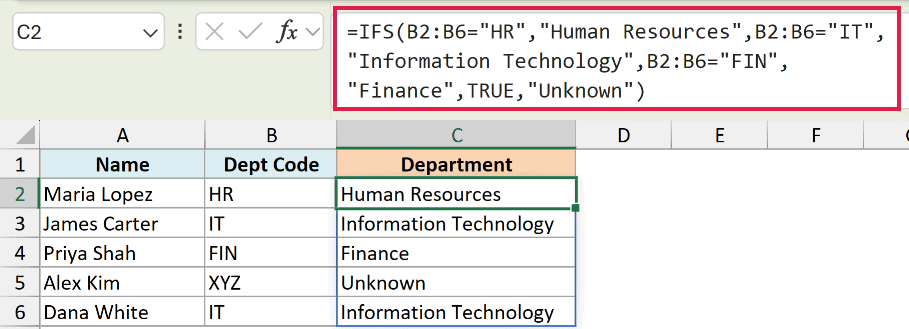 Excel formula bar showing an IFS function mapping department codes to full names with a TRUE catch-all for unknown codes