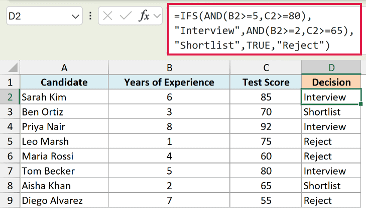 Excel IFS formula using AND logic to assign candidate decisions based on years of experience and test scores