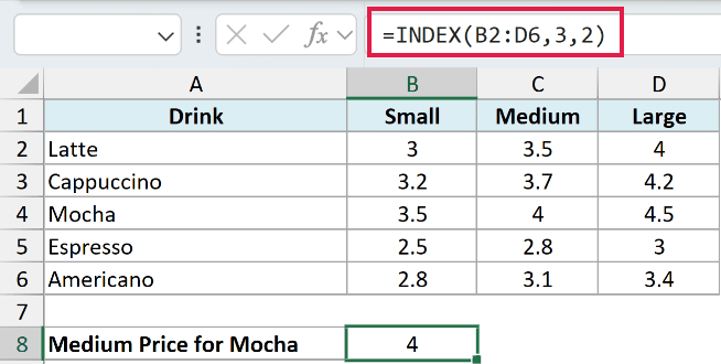 Excel formula =INDEX(B2:D6,3,2) returning 4 for the intersection of the third row and second column of the data range