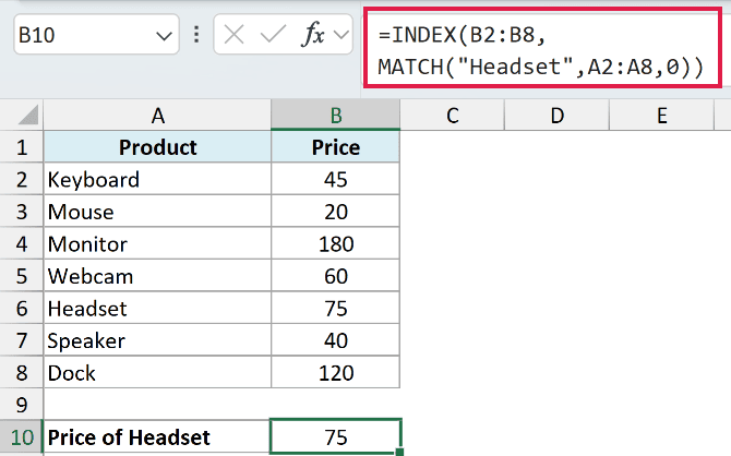 Excel formula bar showing INDEX MATCH function to retrieve the price of a Headset from a product list