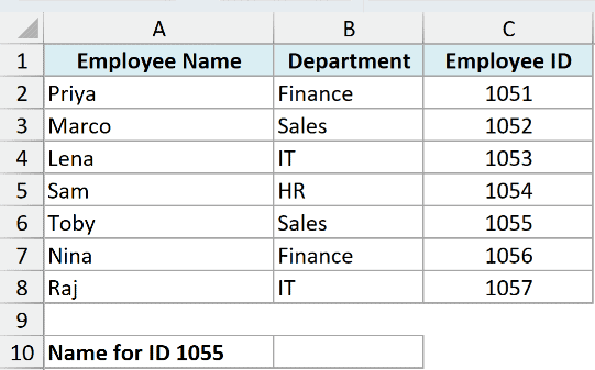 Excel dataset for INDEX exercise 10 showing employee names, departments, and IDs with a lookup label for ID 1055