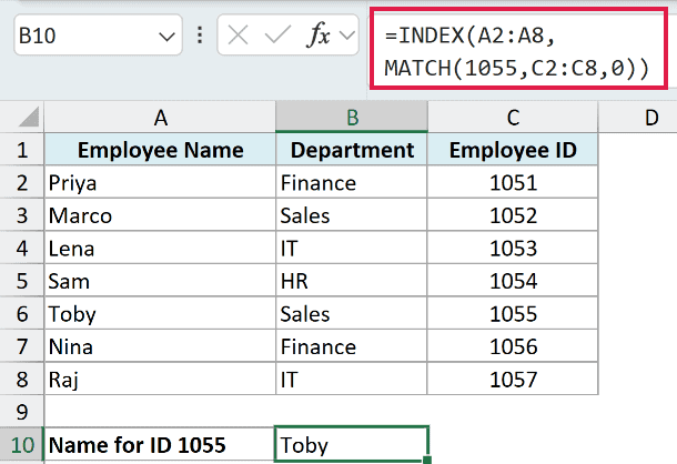 Excel formula using INDEX and MATCH to perform a left lookup, retrieving a name based on an Employee ID in column C