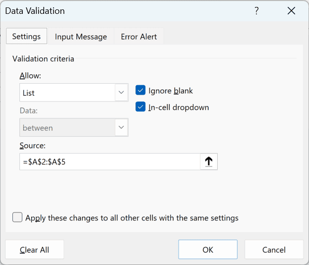 The Data Validation dialog set to List with the student names =$A$2:$A$5 in the Source box.